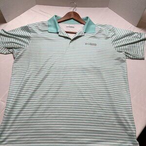 PFG Columbia Mens Large Green White Striped Omni-Shade Performance Polo Fishing